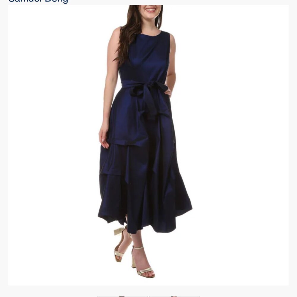 Like New (worn once) Samuel Dong Navy Solid Tie Waist Dress sz L semi formal